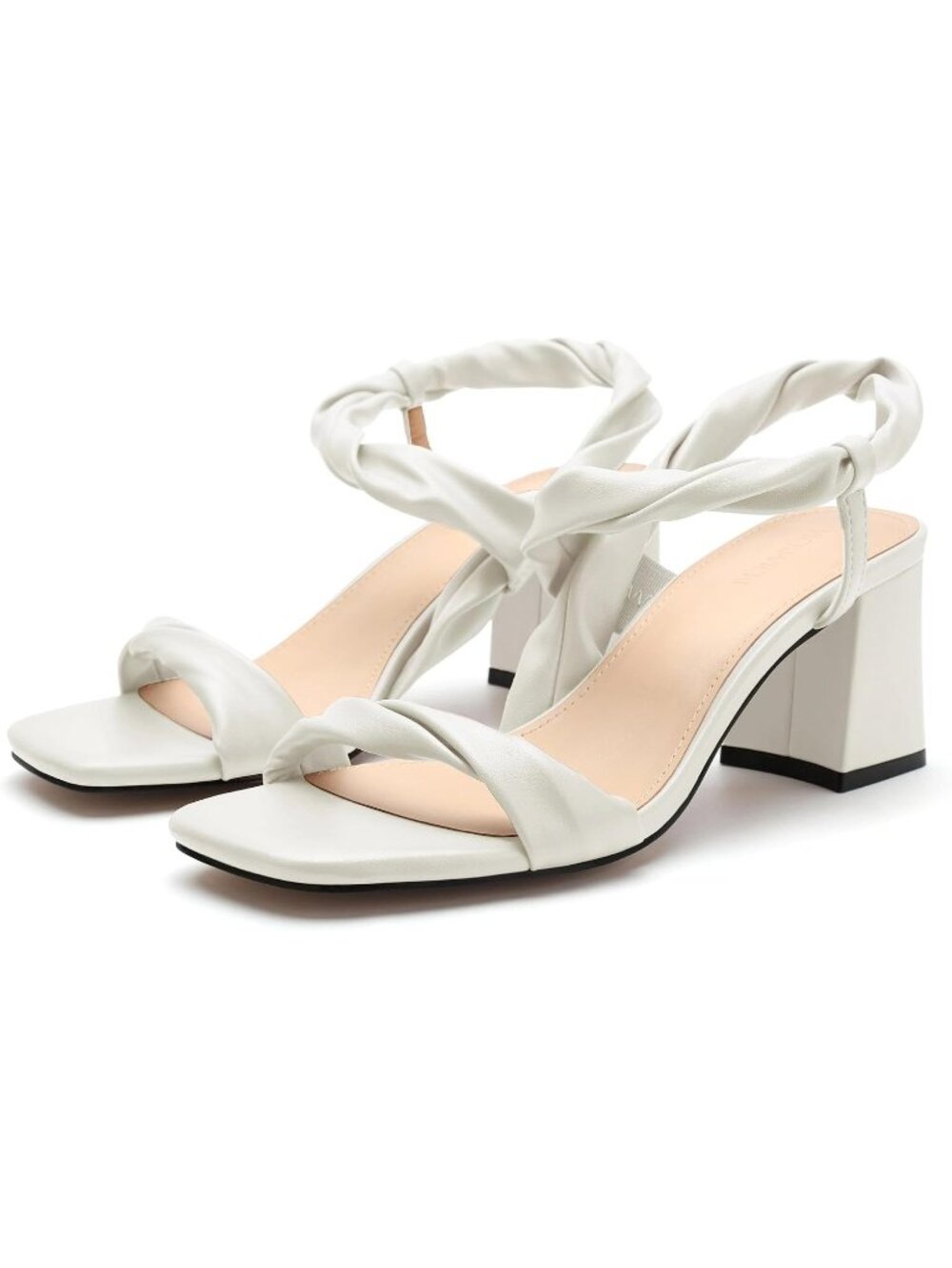 Women's White Square Open Toe Slip on Chunky Block Heeled Guest Party Sandal